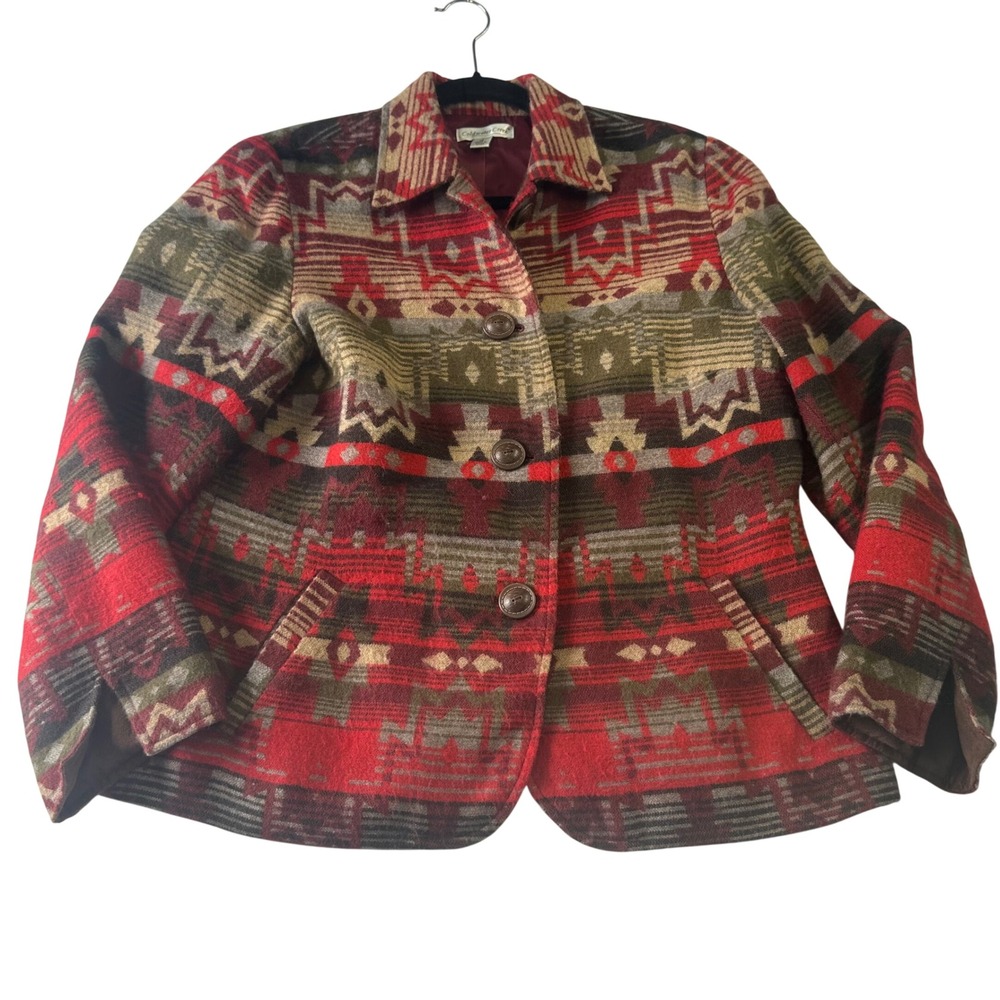 Vintage Coldwater Creek Southwestern Wool Blend Jacket Red Aztec Blanket Coat 14